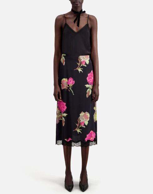 Jupe longue 100% Soie imprimée avec dentelle noire