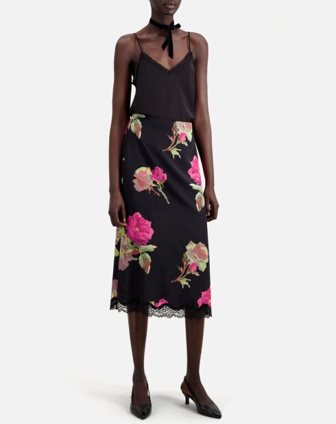 Jupe longue 100% Soie imprimée avec dentelle noire