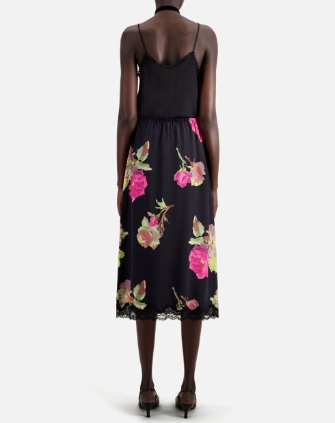 Jupe longue 100% Soie imprimée avec dentelle noire