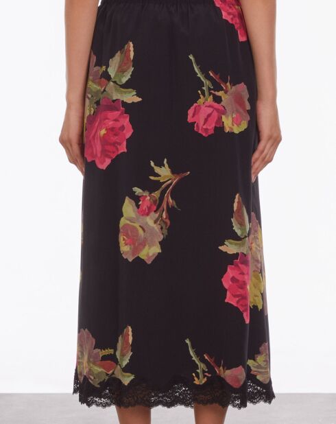 Jupe longue 100% Soie imprimée avec dentelle noire