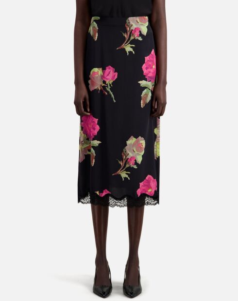 Jupe longue 100% Soie imprimée avec dentelle noire