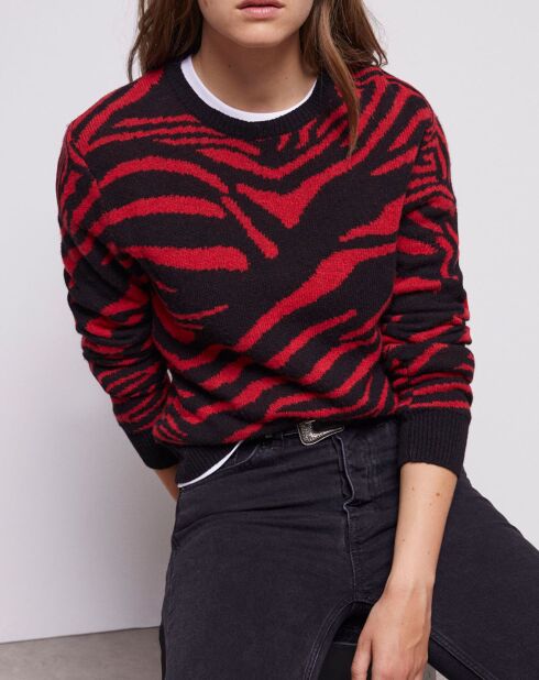 Pull en Laine mélangée col rond imprimé noir/rouge