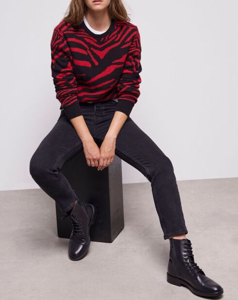Pull en Laine mélangée col rond imprimé noir/rouge