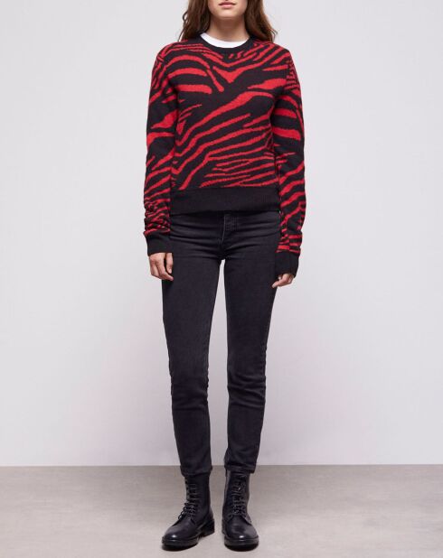 Pull en Laine mélangée col rond imprimé noir/rouge