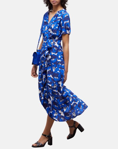 Robe 100% Soie portefeuille longue imprimée bleue