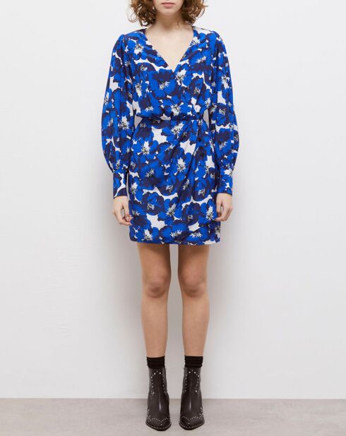 Robe 100% Soie portefeuille courte imprimée bleue