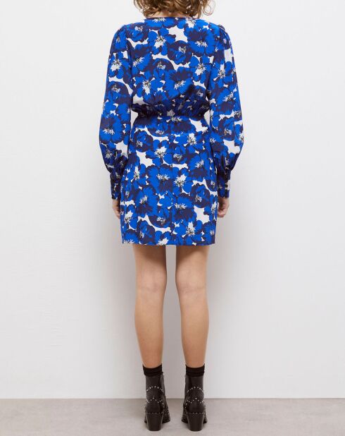 Robe 100% Soie portefeuille courte imprimée bleue