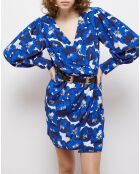 Robe 100% Soie portefeuille courte imprimée bleue