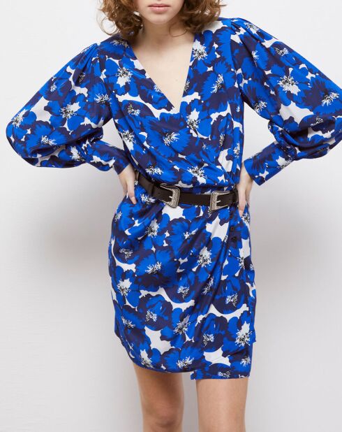 Robe 100% Soie portefeuille courte imprimée bleue