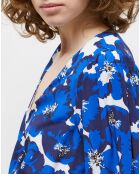 Robe 100% Soie portefeuille courte imprimée bleue