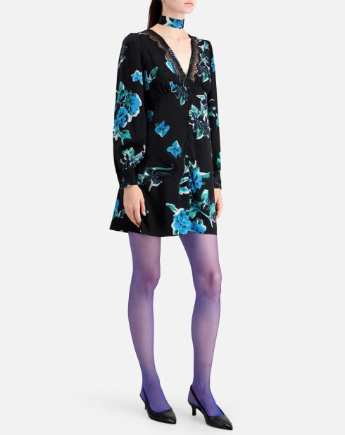 Robe courte imprimée avec détails en dentelle noir/bleu