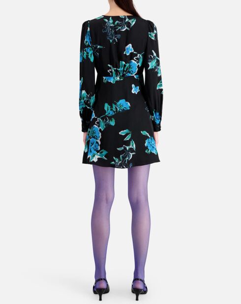 Robe courte imprimée avec détails en dentelle noir/bleu