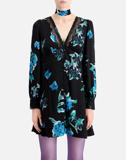 Robe courte imprimée avec détails en dentelle noir/bleu