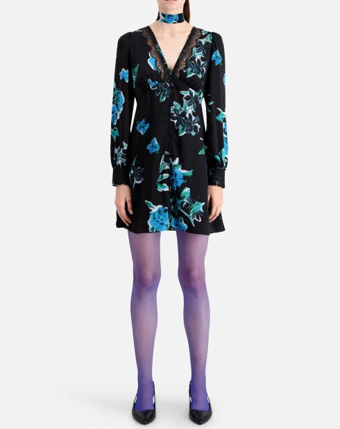 Robe courte imprimée avec détails en dentelle noir/bleu
