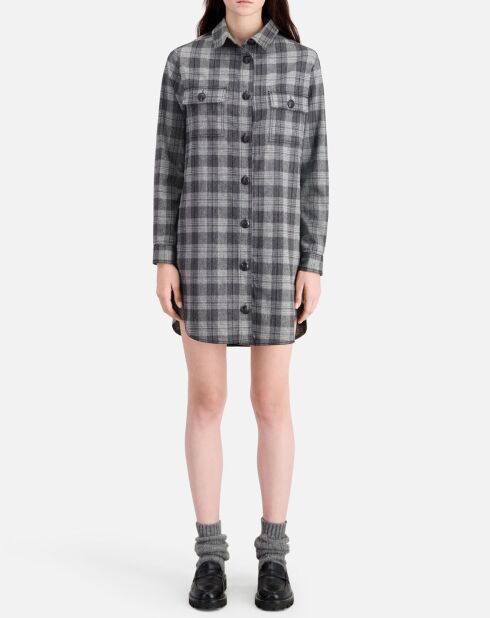 Robe chemise courte en Laine mélangée à carreaux grise
