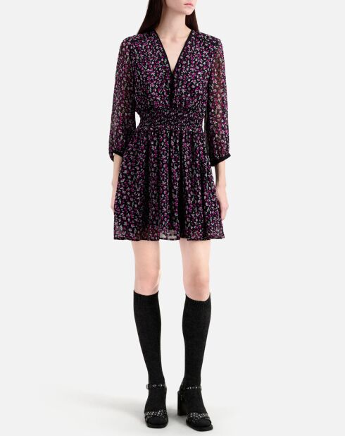 Robe courte imprimée avec smocks noire