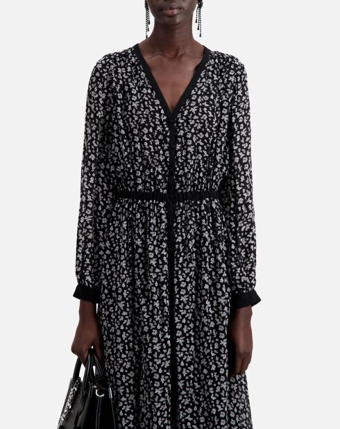 Robe longue imprimée avec boutonnage noire