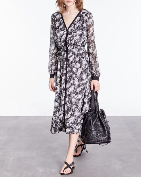 Robe longue imprimée avec boutonnage noire