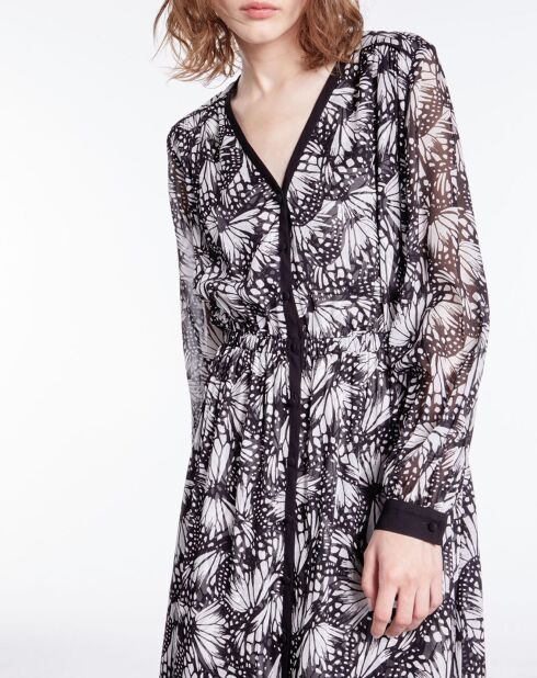 Robe longue imprimée avec boutonnage noire