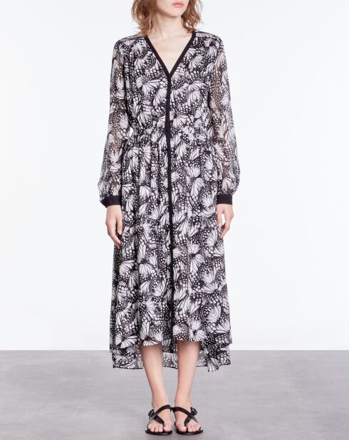 Robe longue imprimée avec boutonnage noire