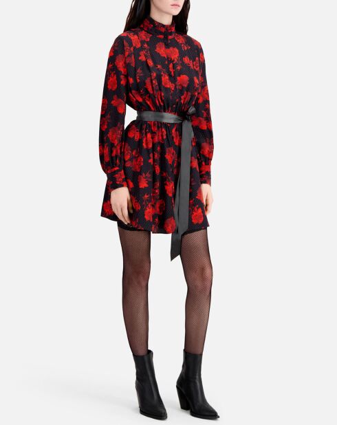 Robe chemise 100% Soie courte imprimée noir/rouge