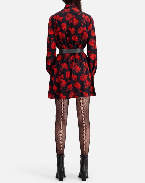 Robe chemise 100% Soie courte imprimée noir/rouge