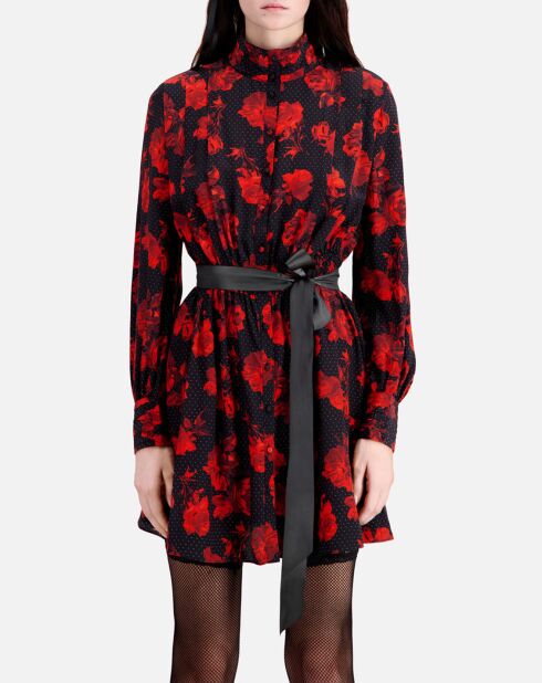 Robe chemise 100% Soie courte imprimée noir/rouge