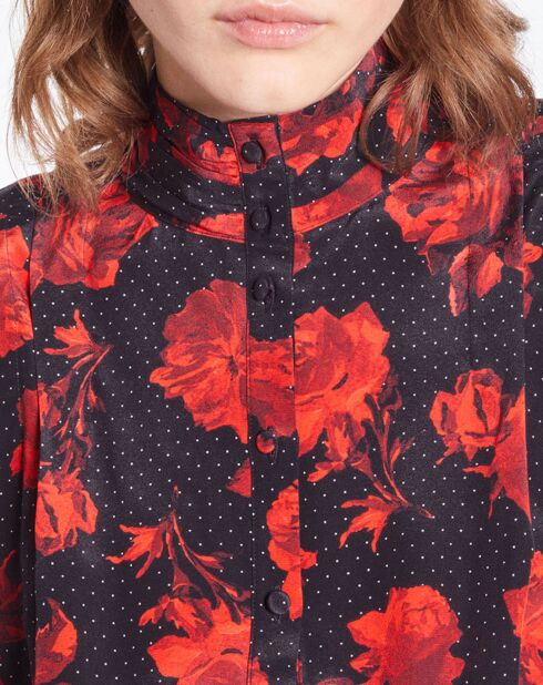 Robe chemise 100% Soie courte imprimée noir/rouge