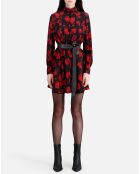 Robe chemise 100% Soie courte imprimée noir/rouge