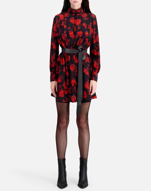 Robe chemise 100% Soie courte imprimée noir/rouge