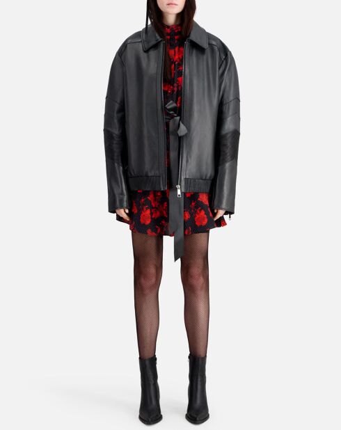 Robe chemise 100% Soie courte imprimée noir/rouge