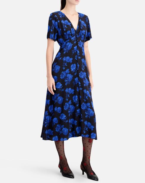 Robe longue 100% Soie imprimée avec boutonnage noir/bleu