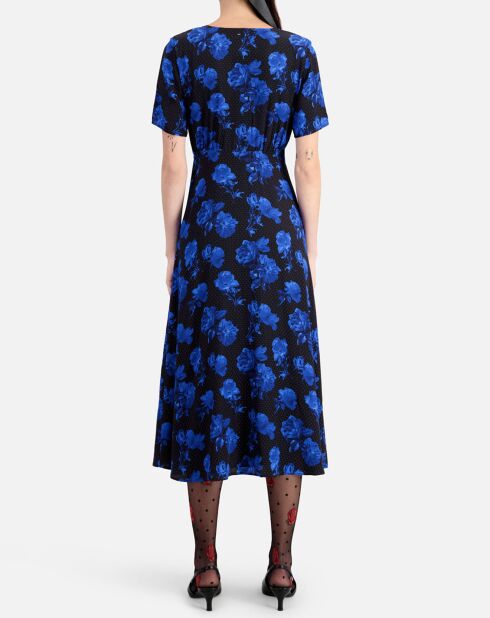 Robe longue 100% Soie imprimée avec boutonnage noir/bleu