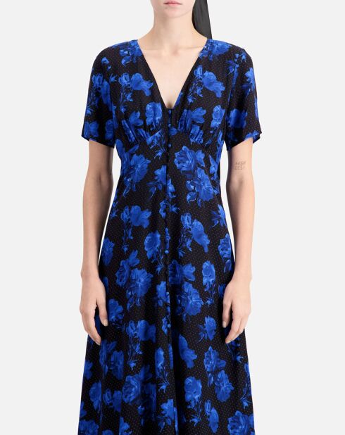 Robe longue 100% Soie imprimée avec boutonnage noir/bleu