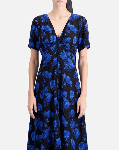 Robe longue 100% Soie imprimée avec boutonnage noire