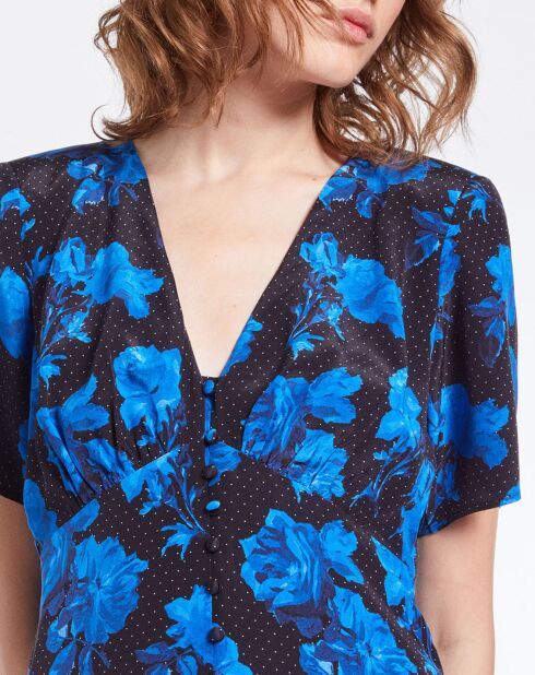 Robe longue 100% Soie imprimée avec boutonnage noir/bleu