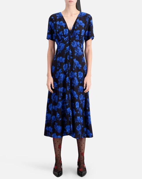 Robe longue 100% Soie imprimée avec boutonnage noir/bleu