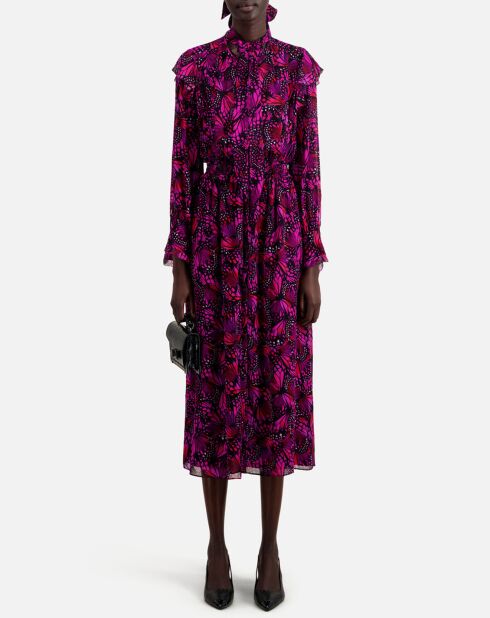 Robe longue imprimée à volants rose