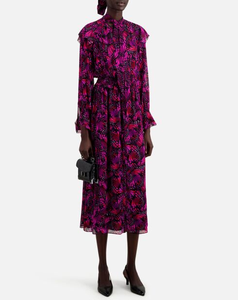 Robe longue imprimée à volants rose