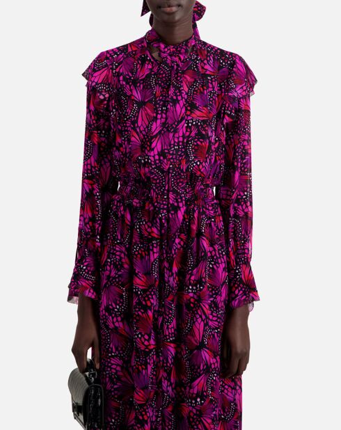 Robe longue imprimée à volants rose