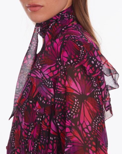 Robe longue imprimée à volants rose