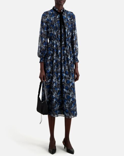 Robe longue imprimée avec plissage bleue