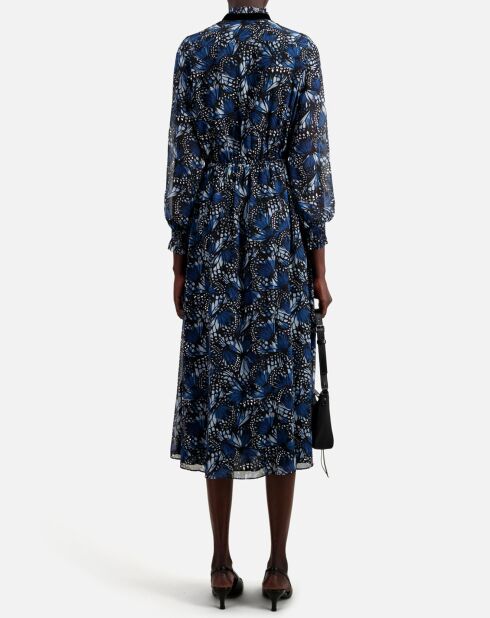 Robe longue imprimée avec plissage bleue