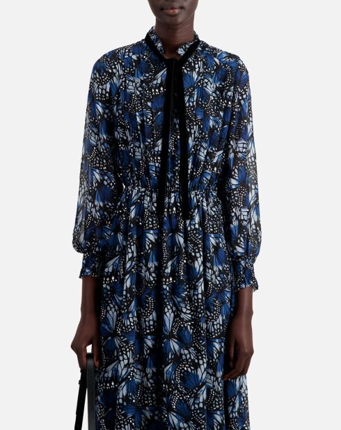 Robe longue imprimée avec plissage bleue
