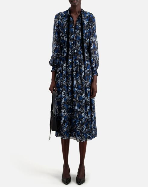 Robe longue imprimée avec plissage bleue