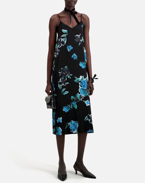 Robe nuisette longue imprimée avec détails en dentelle noire