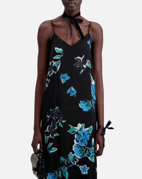 Robe nuisette longue imprimée avec détails en dentelle noire