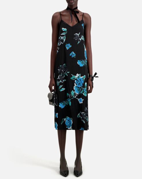Robe nuisette longue imprimée avec détails en dentelle noire