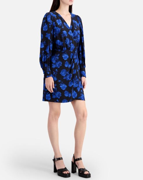 Robe portefeuille 100% Soie courte imprimée noir/bleu
