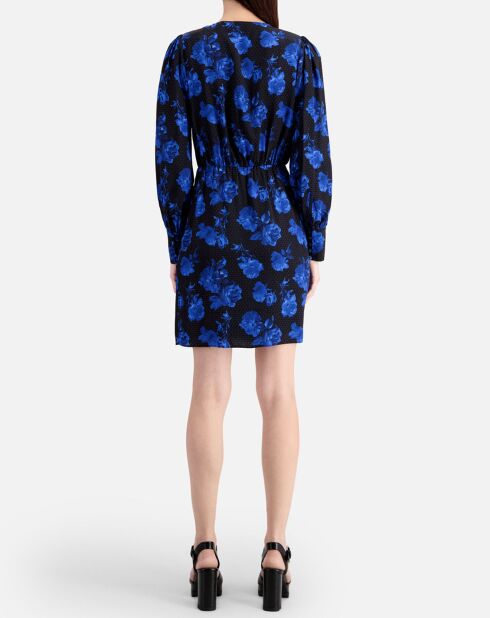Robe portefeuille 100% Soie courte imprimée noir/bleu